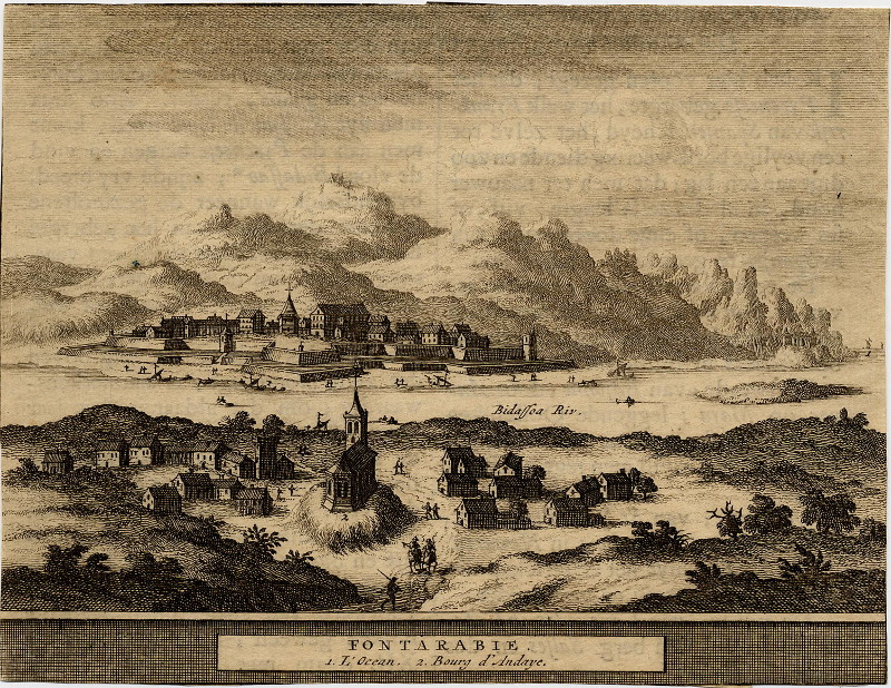 afbeelding van prent Fontarabie 1. L´Ocean 2. Bourg de l´Andaye van Pieter van der Aa (Hondarribia)