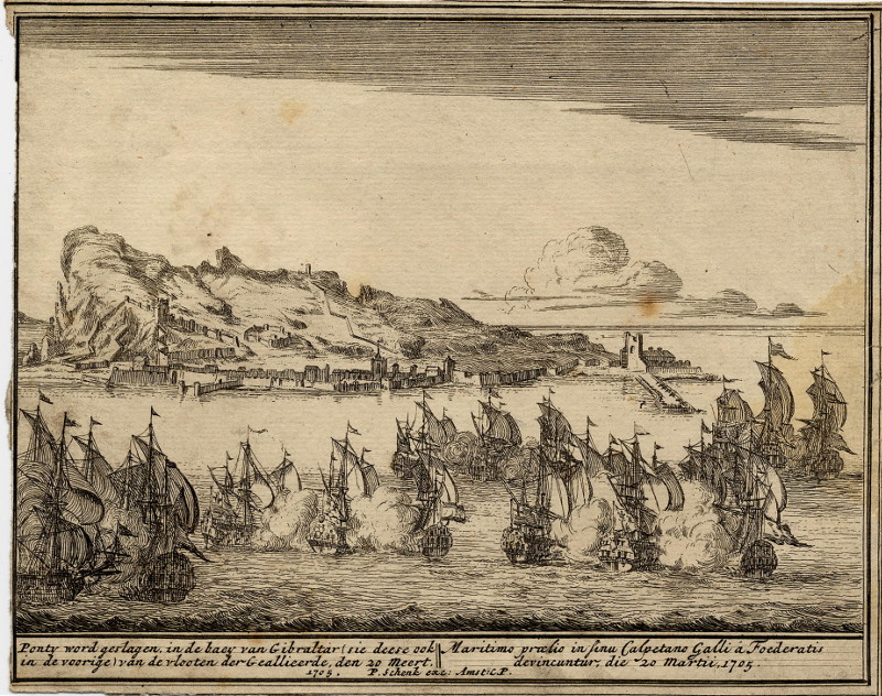 afbeelding van prent Ponty word geslagen, in de baey van Gibraltar van Pieter Schenk (Gibraltar)