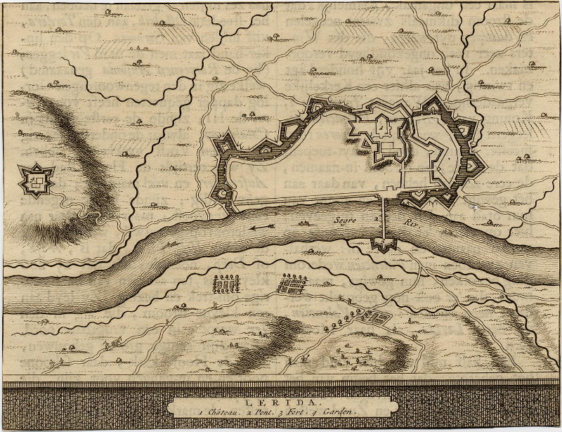 afbeelding van plattegrond Lerida 1. Chateau. 2. Pont. 3. Fort. 4. Garden. van Pieter van der Aa (Lerida)