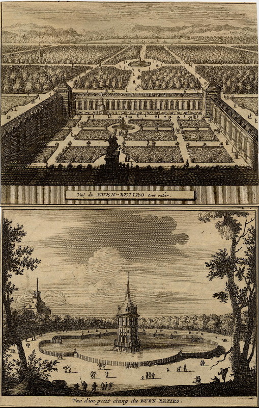 afbeelding van prent Vue du Buen-Retiro tout entier; Vue d´un petit etang du Buen-Retiro van Pieter van der Aa (Madrid)