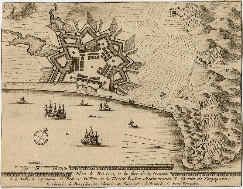 afbeelding van plattegrond Plan de Roses, & du fort de la Trinite van Pieter van der Aa (Roses)