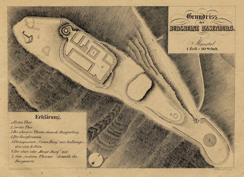 afbeelding van prent Grundriss der Burguine Hasenburg van F.A. Heber, C.W. Medau (Hazmburk, Hasenburg)