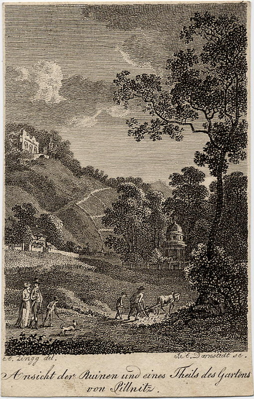 afbeelding van prent Ansicht der Ruinen und eines Theils des Gartens von Pillnitz van A. Zingg, J.A. Darnstedt (Dresden)