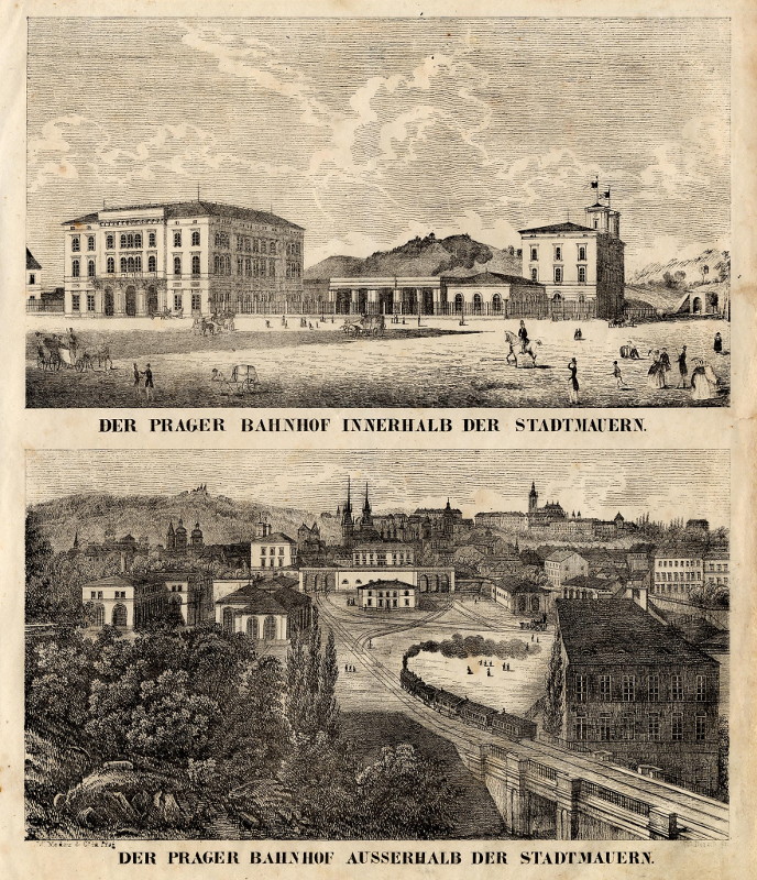 afbeelding van prent Der Prager Bahnhof innerhalb der Stadtmauern/ Der Prager Bahnhof ausserhalb der Stadtmauern van C.W. Medau, W. Donath (Praag, Prague)