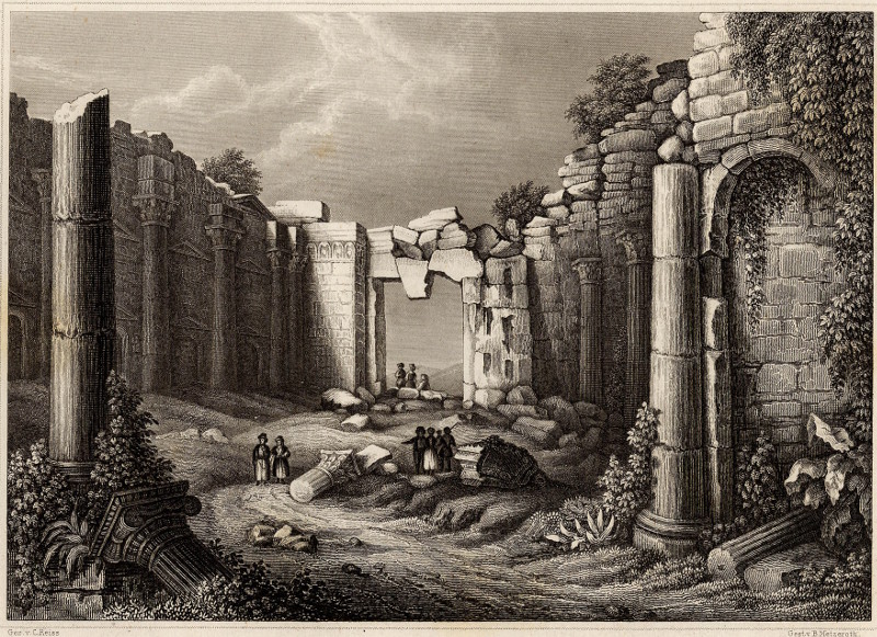 afbeelding van prent Der Sonnentempel zu Baalbeck van C. Reiss, b. Metzeroth (Baalbek, Heliopolis)