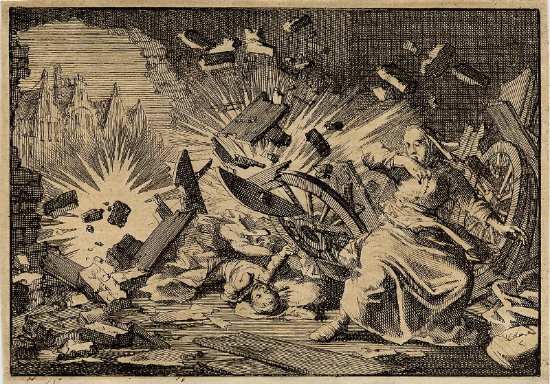 afbeelding van prent  Tijdens het beleg van Memmingen ontploft een granaat in een woning, vrouw en kinderen blijven onged van Jan Luyken (Memmingen)