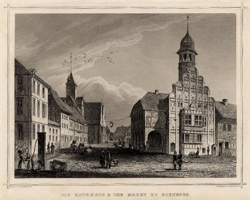 afbeelding van prent Das Rathhaus und der Markt zu Nienburg van L. Rohbock, G.M. Kurz (Nienburg)