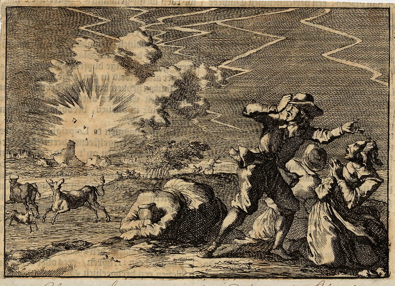 afbeelding van prent Tijdens hevig onweer vliegt de kruittoren van Rheinberg in de lucht, 1636 van Caspar Luyken (Rheinberg)