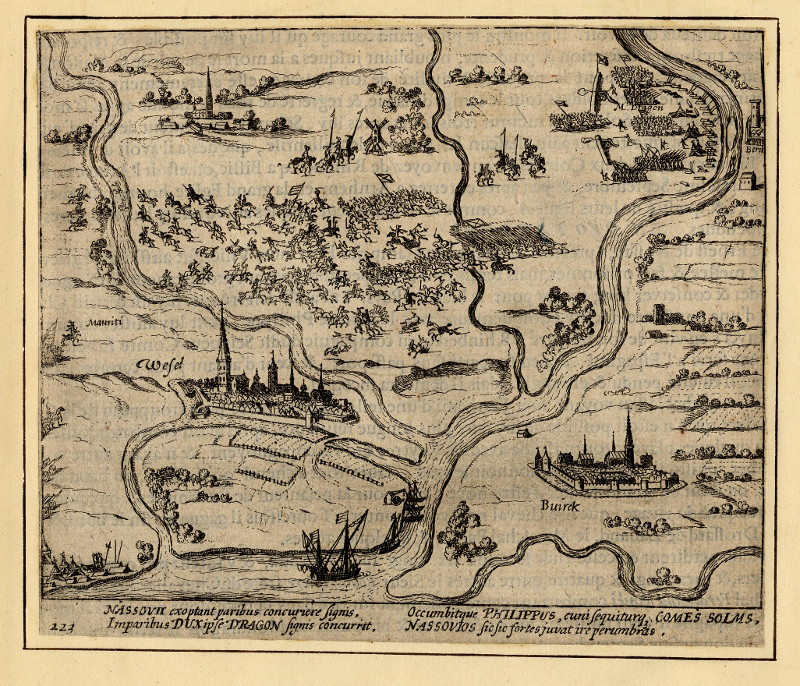 afbeelding van prent Nederlaag van het Staatse leger bij Wesel, 1595 van Simon Frisius (Wesel)