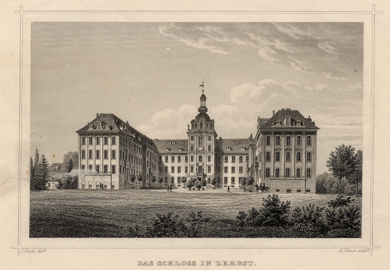 afbeelding van prent Das Schloss in Zerbst van J. Pozzi, A. Fesca (Zerbst)