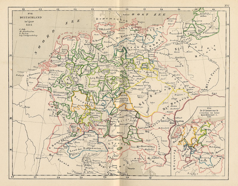 afbeelding van kaart Duitschland in ´t jaar 1512; De 10 kreitsen naar de verdeeling van keizer Maximiliaan 1, 1512 van P.W.M. Trap