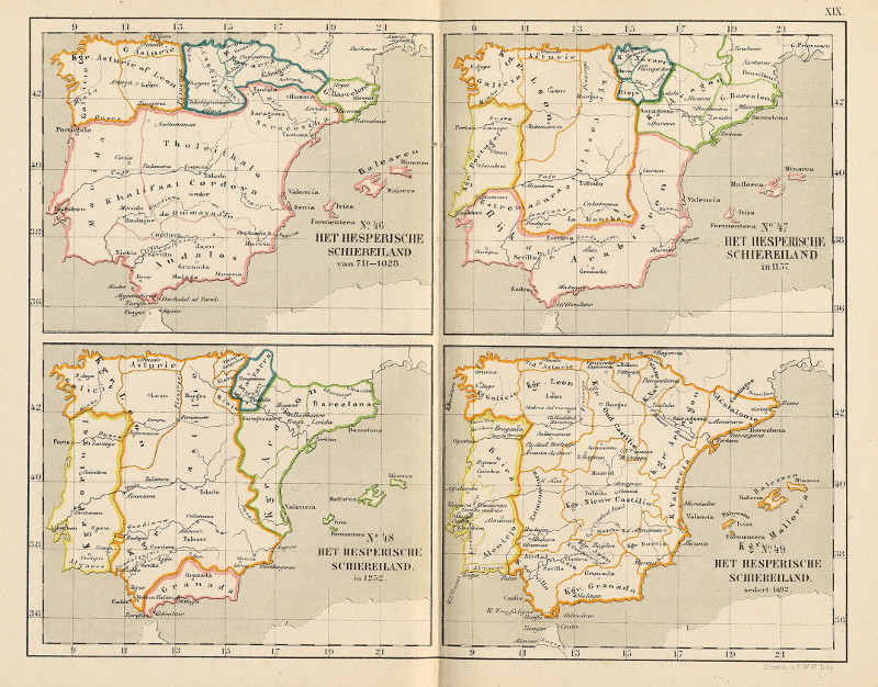 afbeelding van kaart Het Hesperische Schiereiland, van 711-1028; in 1157; in 1252; sedert 1492 van P.W.M. Trap