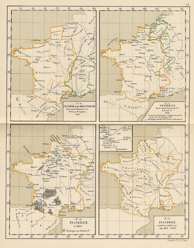 afbeelding van kaart Frankrijk in 1180, 1461, 1789, van 1610-1790 van P.W.M. Trap afbeelding van kaart Frankrijk in 1180, 1461, 1789, van 1610-1790 van P.W.M. Trap