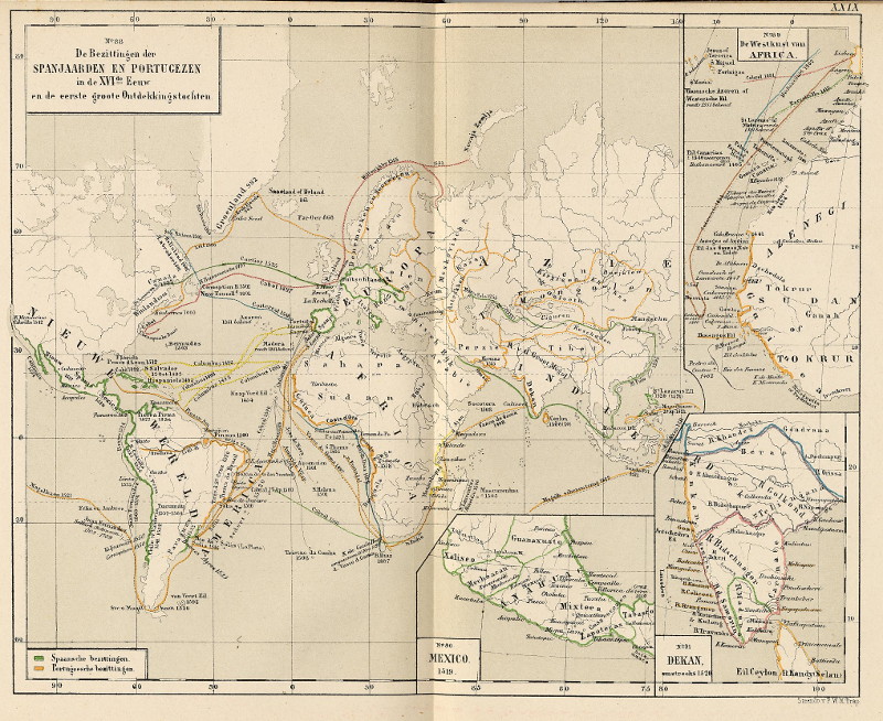 afbeelding van kaart De Bezittingen der Spanjaarden en Portugezen in de XVI-de Eeuw en de eerste grote Ontdekkingstochten van P.W.M. Trap
