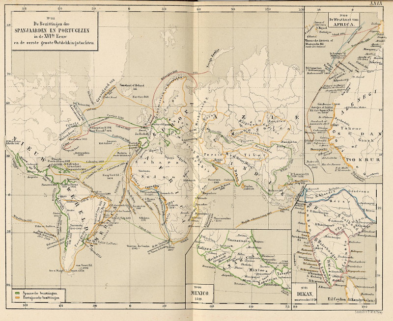 afbeelding van kaart De Bezittingen der Spanjaarden en Portugezen in de XVI-de Eeuw en de eerste grote Ontdekkingstochten van P.W.M. Trap