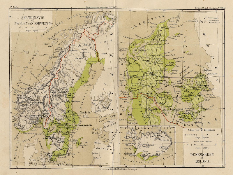 afbeelding van kaart Skandinavie of Zweden en Noorwegen; Denemarken en IJsland van F. Bruins