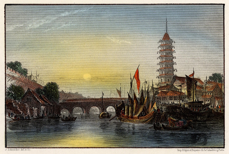 afbeelding van prent Nanking (Chine) La Tour de Porcelaine van J. Schroeder (Nanjing)