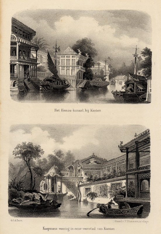 afbeelding van prent Het Honau-kanaal, bij Kanton; Koopmans-woning in eene voorstad van Kanton van C.C.A. Last (Guangzhou)