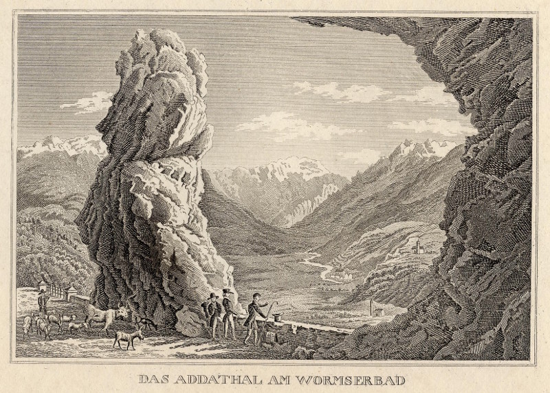 afbeelding van prent Das Addathal am Wormserbad van nn (Bormio)