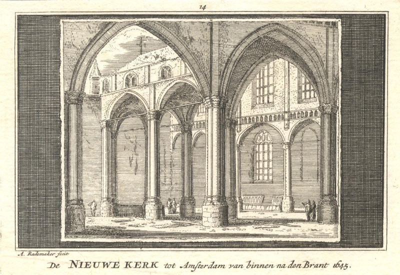 afbeelding van prent De Nieuwe Kerk  tot Amsterdam van binnen na den Brant 1645 van Abraham Rademaker (Amsterdam)