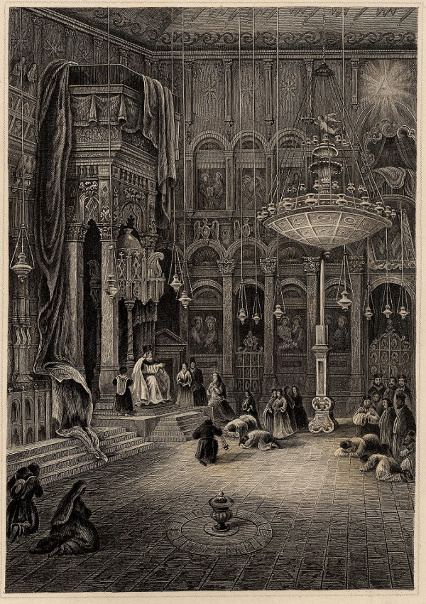 afbeelding van prent Inneres der Calvrienkirche zu Jerusalem (der Griechenchor) van nn (Jeruzalem, Jerusalem)