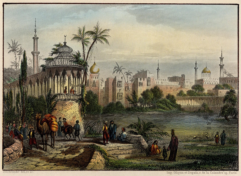 afbeelding van prent Le Caire, Vue prise des bords du lac de l´Hippopotame, Afrique van J. Schroeder (Cairo)