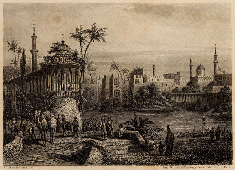 afbeelding van prent Le Caire, Vue prise des bords du lac de l´Hippopotame, Afrique van J. Schroeder (Cairo)