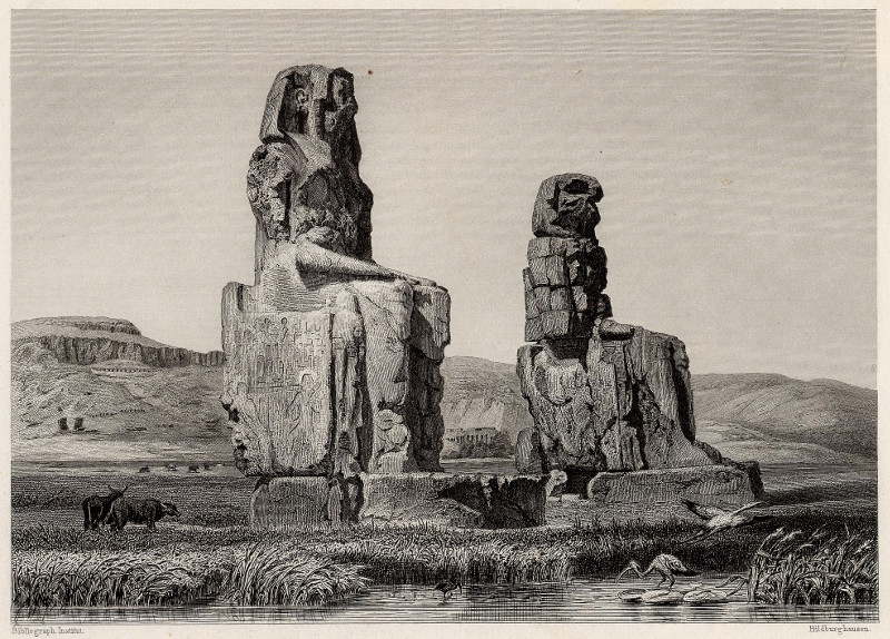 afbeelding van prent Memnon Statuen bei Theben van nn (Thebe, Luxor)
