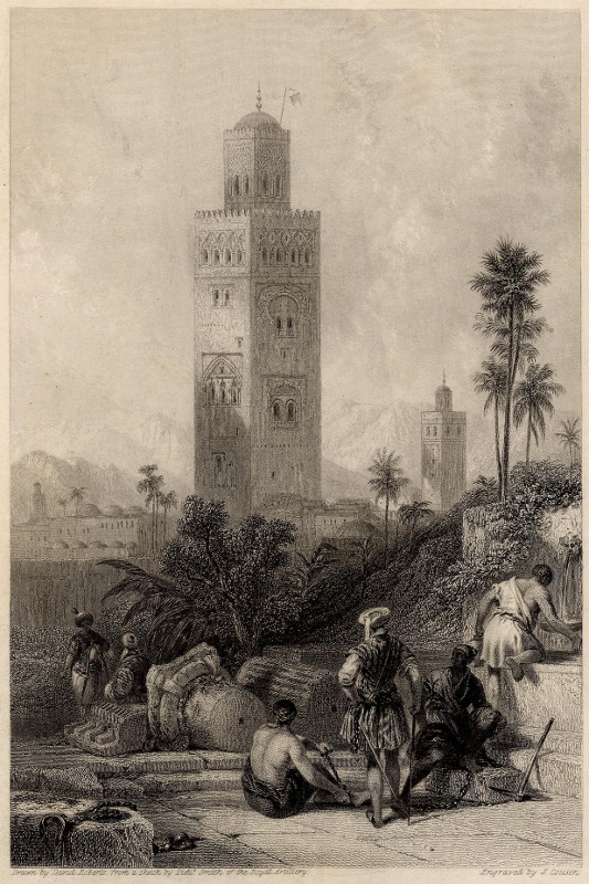 afbeelding van prent Tower of the Great Mosque, Morocco van D. Roberts, J. Cousen (Rabat)