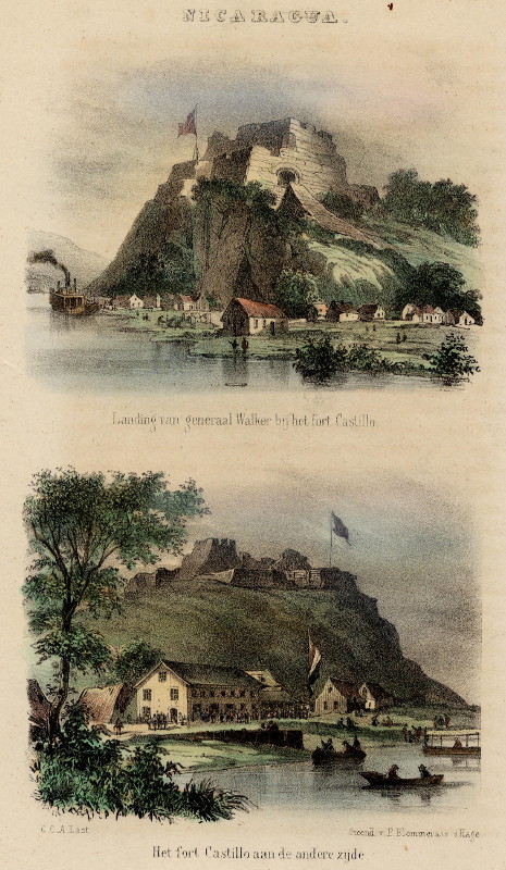 afbeelding van prent Landing van generaal Walker bij het Fort Castillo; Het fort Castillo aan de andere zijde van C.C.A. Last (El Castillo)