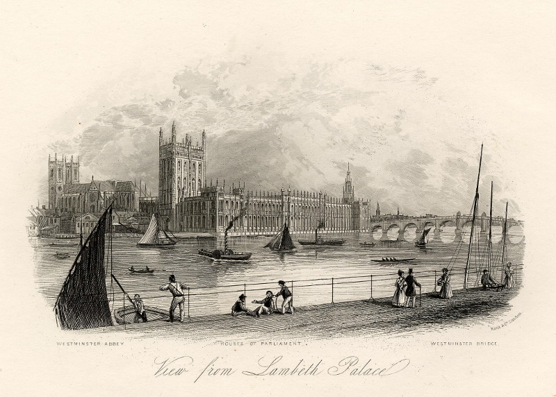 afbeelding van prent View from Lambeth Palace; Westminster Abbey, Houses of Parliament, Westminster Bridge van William & Henry Rock (Londen, London)