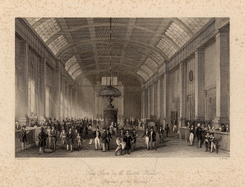 afbeelding van prent Long room in the Custom House. Payment of the Custom van T.H. Shepherd, H. Melville (Londen, London)