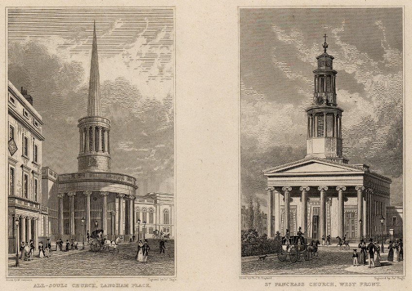 afbeelding van prent All-Souls Church, Langham Place; St. Pancrass Church, west front. van T.H. Shepherd, J. Tingle (Londen, London)