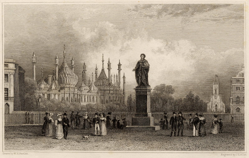 afbeelding van prent Pavilion, Statue of Geo IV, and New Church, Brighton van W.H. Bartlett, J.C. Allen (Brighton)