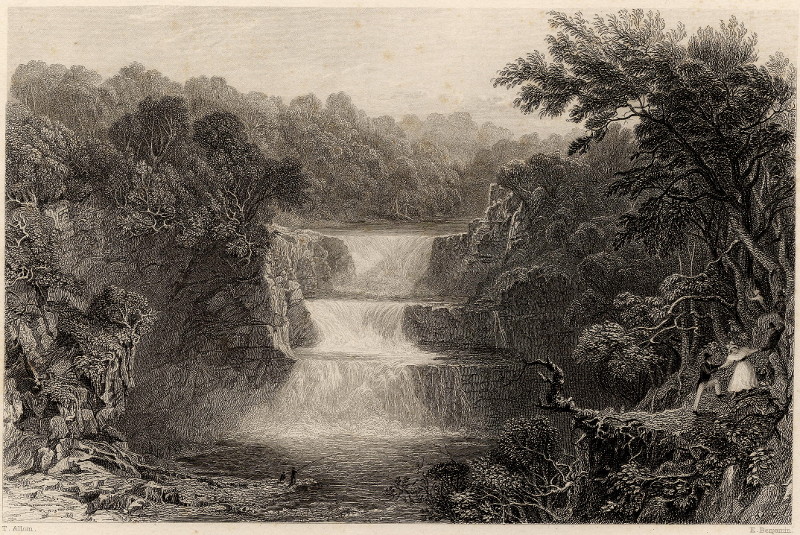 afbeelding van prent Stonebyres, Third fall of the Clyde (Lanarkshire) van T. Allom, E. Benjamin (Stonebyres Falls)