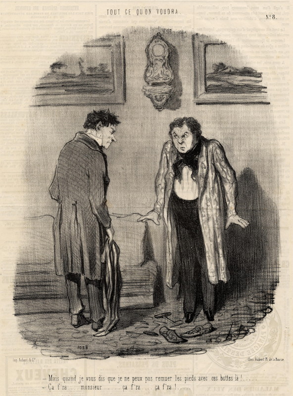 afbeelding van prent Mais quand je vous dis que je ne peux pas remuer les pieds avec ces bottes lá!... van H. Daumier