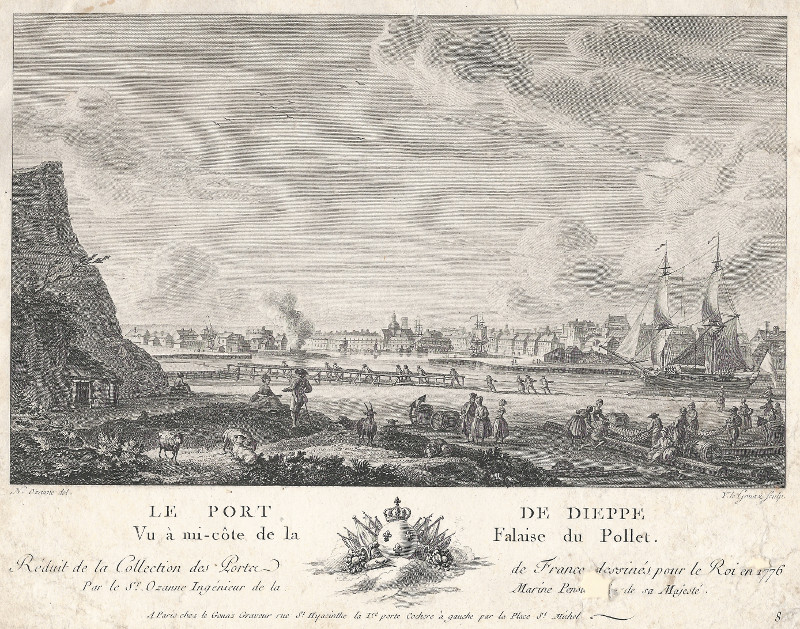 afbeelding van prent Le port de Dieppe, Vu a mi-cote de la Falaise du Pollet van N. Ozanne, Y. le Gouax (Dieppe)