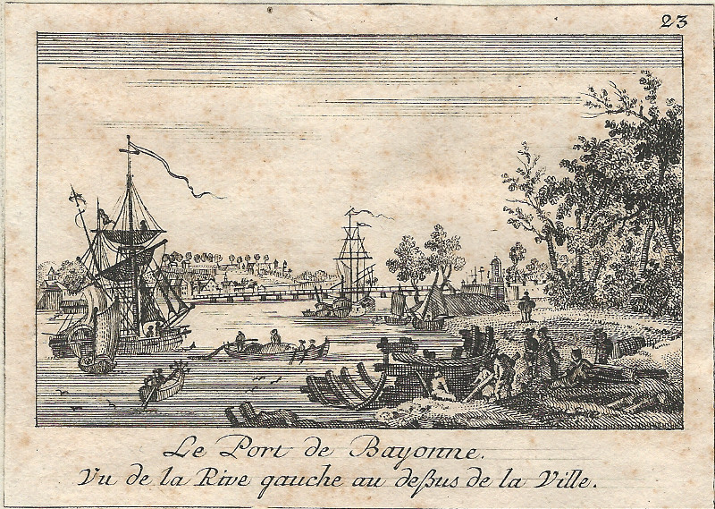 afbeelding van prent Le Port de Bayonne. Vu de la rive gauche au debus de la Ville van nn (Bayonne)