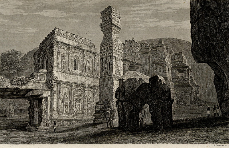 afbeelding van prent Der Felsen-Tempel zu Ellora van E. Grunewald (Ellora)