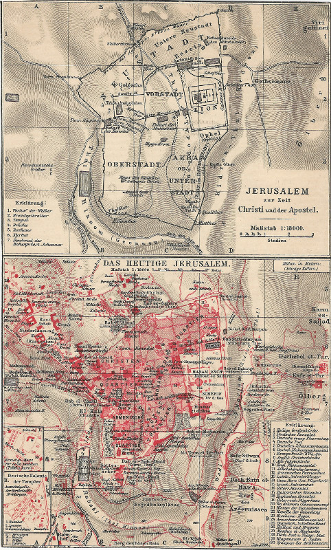 afbeelding van plattegrond Jerusalem, zur Zeit Christi un der Apostel. Das Heutige Jerusalem. van F.A. Brockhaus (Jeruzalem, Jerusalem)