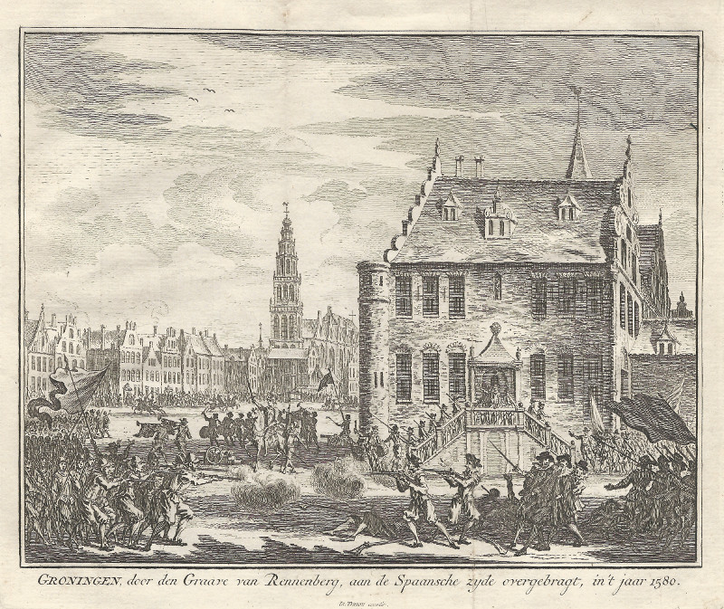 afbeelding van prent Groningen, door den Graave van Rennenberg, aan de Spaansche zijde overgebragt, in ´t jaar 1580 van Simon Fokke, I. Tirion (Groningen)