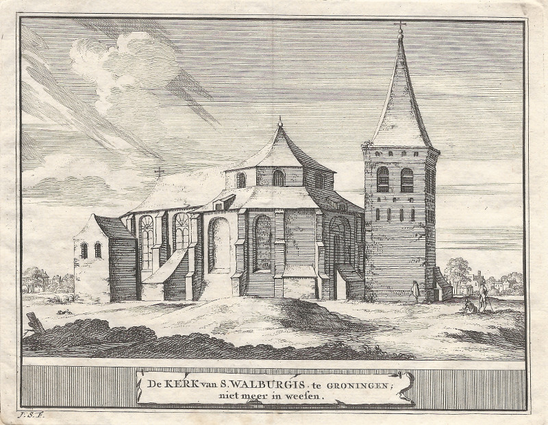 afbeelding van prent De Kerk van S. Walburgis te Groningen; niet meer in weesen van Jacobus Schijnvoet (Groningen)