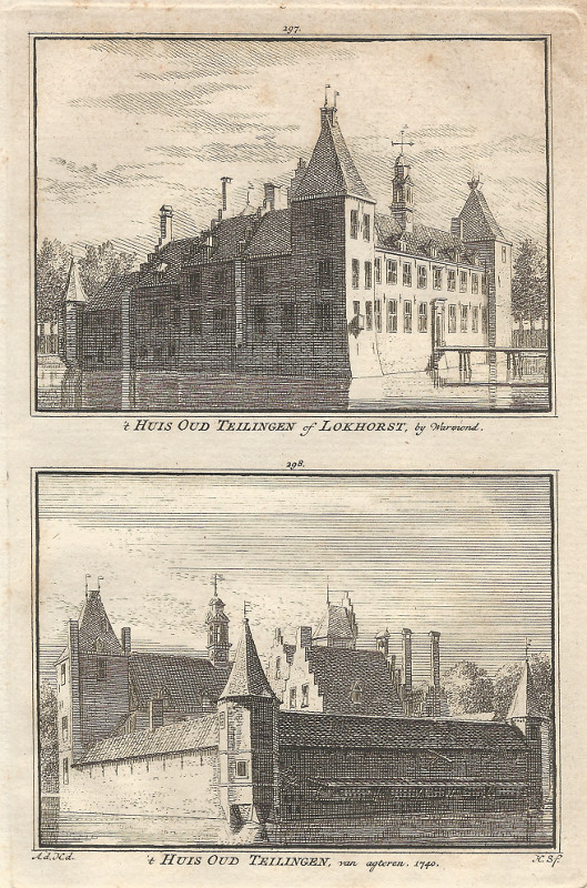 afbeelding van prent ´t Huis Oud Teilingen of Lokhorst, bij Warmond; ´t Huis Oud Teilingen, van agteren 1740 van A. de Haan, H. Spilman (Warmond)