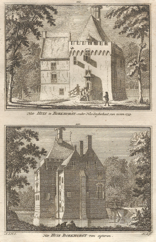 afbeelding van prent Het Huis de Boekhorst, onder Noordwijkerhout, van voren; van agteren van A. de Haan, H. Spilman (Noordwijkerhout)