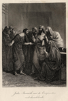 Prent Judas Iscarioth met de Overpriesters onderhandelende