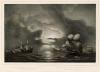 Prent Twee Nederlandsche oorlogschepen overzeilen twee Spaansche galeijen